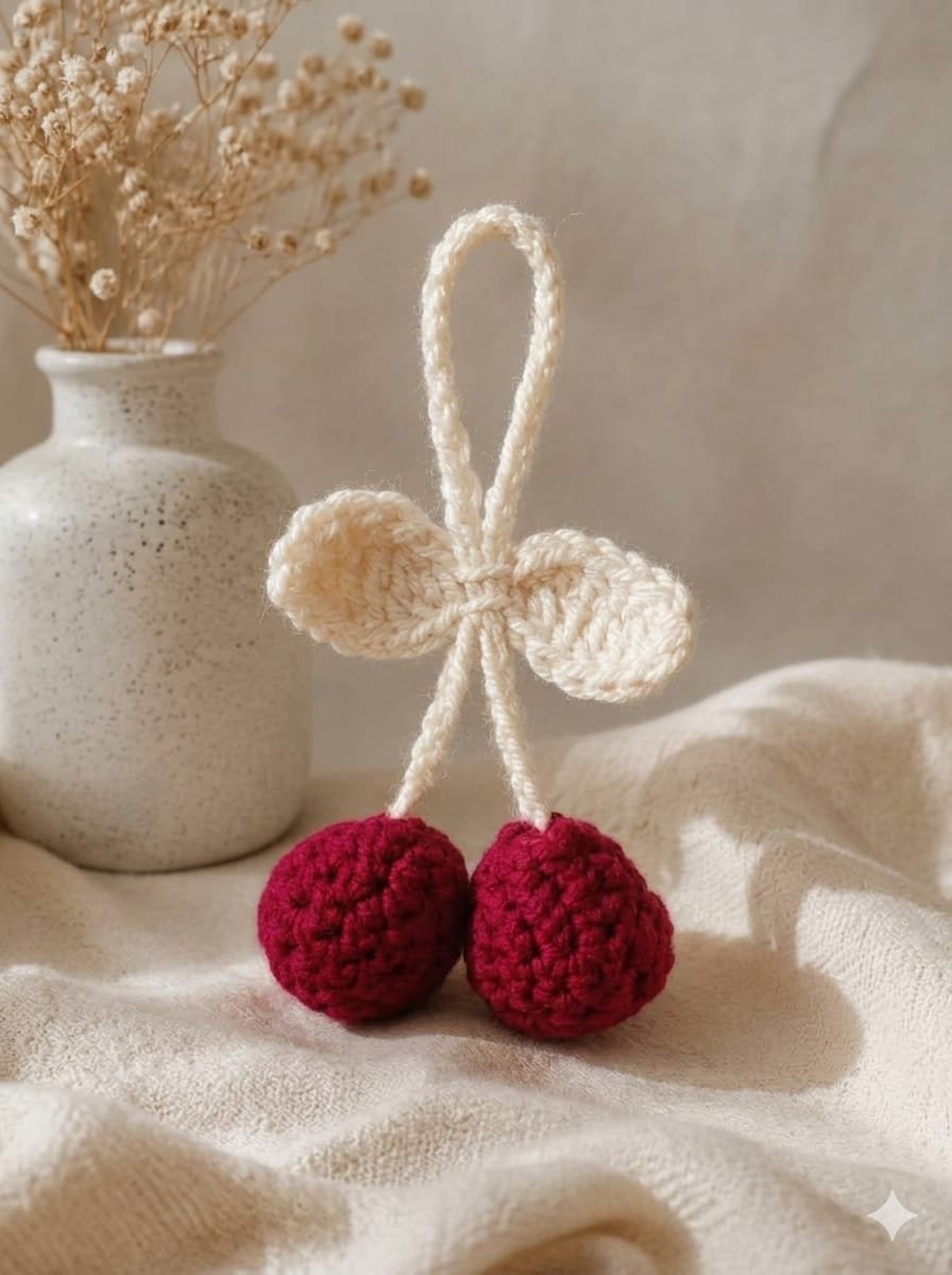 Handcrafted Crochet Cherry Bag Charm – Aesthetic Knitted Cherries Car Hanging & Purse Accessory