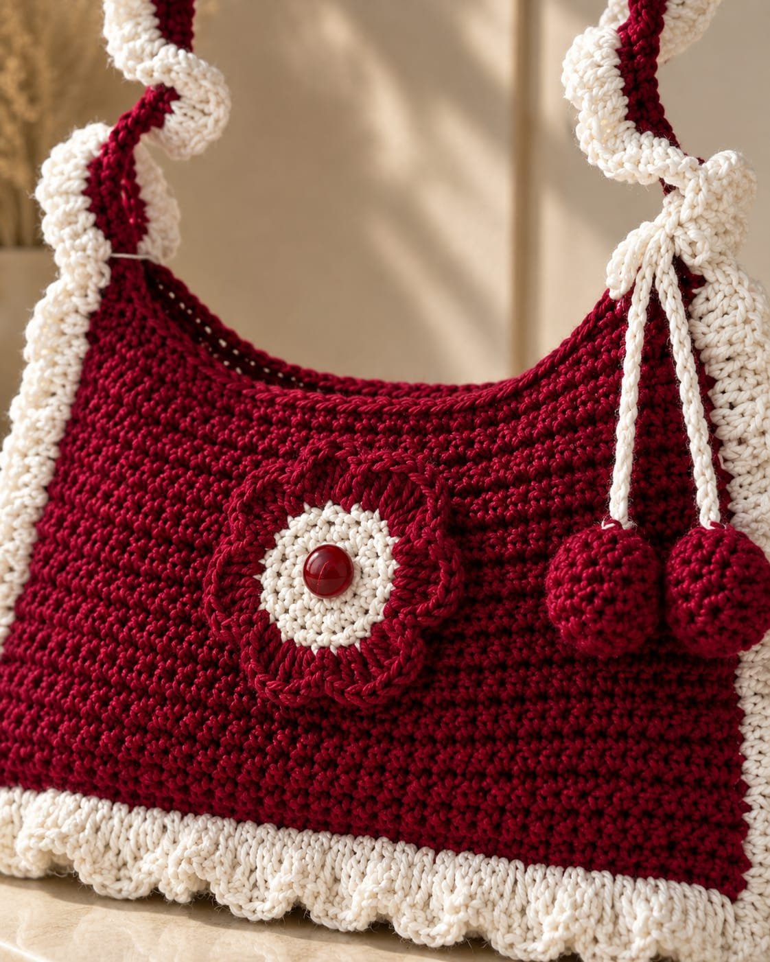 Handmade Crochet Ruffle Shoulder Bag – Coquette Floral Knit Handbag with Cherry Pom-Poms
