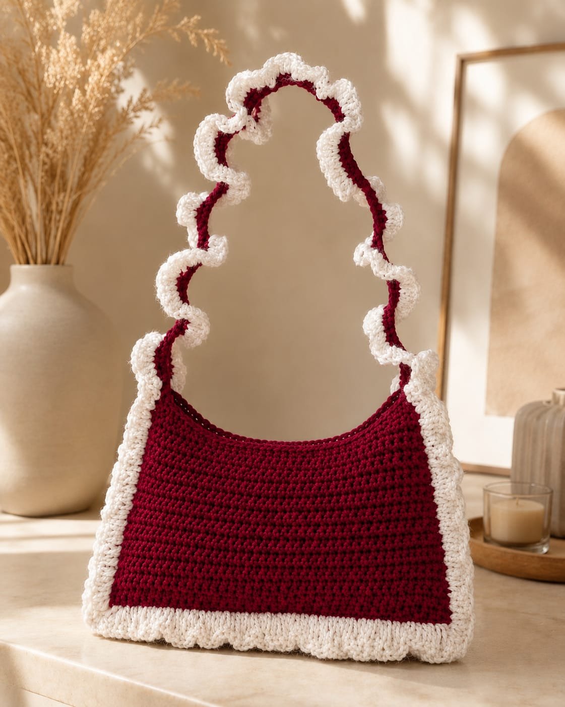 Handmade Crochet Ruffle Shoulder Bag – Coquette Floral Knit Handbag with Cherry Pom-Poms