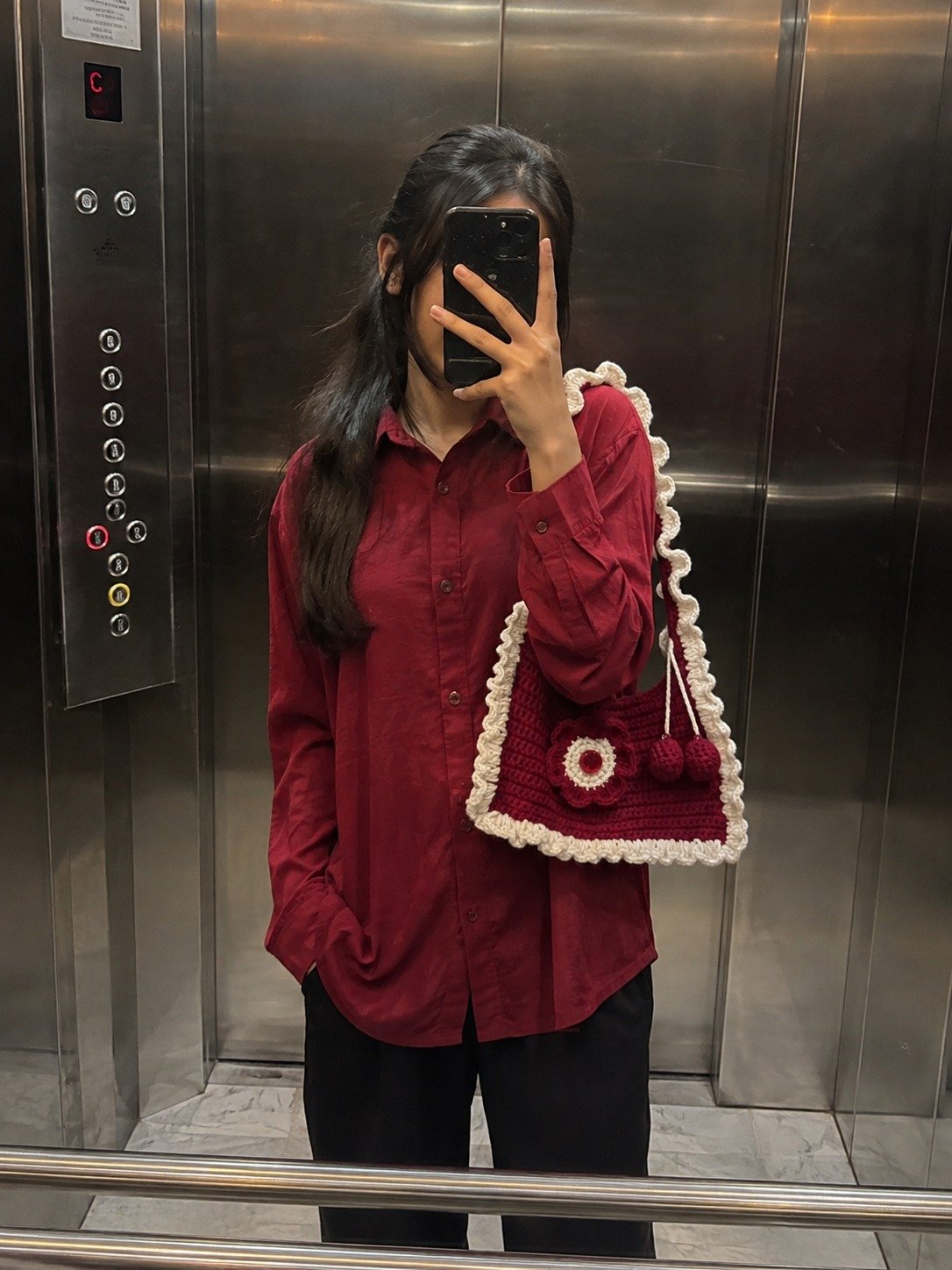 Handmade Crochet Ruffle Shoulder Bag – Coquette Floral Knit Handbag with Cherry Pom-Poms