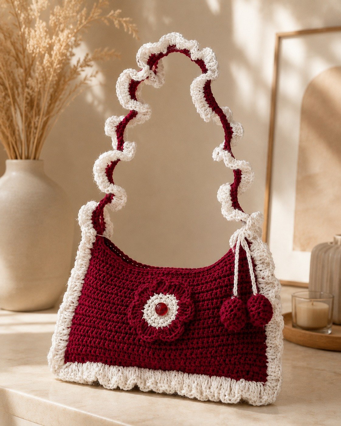 Handmade Crochet Ruffle Shoulder Bag – Coquette Floral Knit Handbag with Cherry Pom-Poms