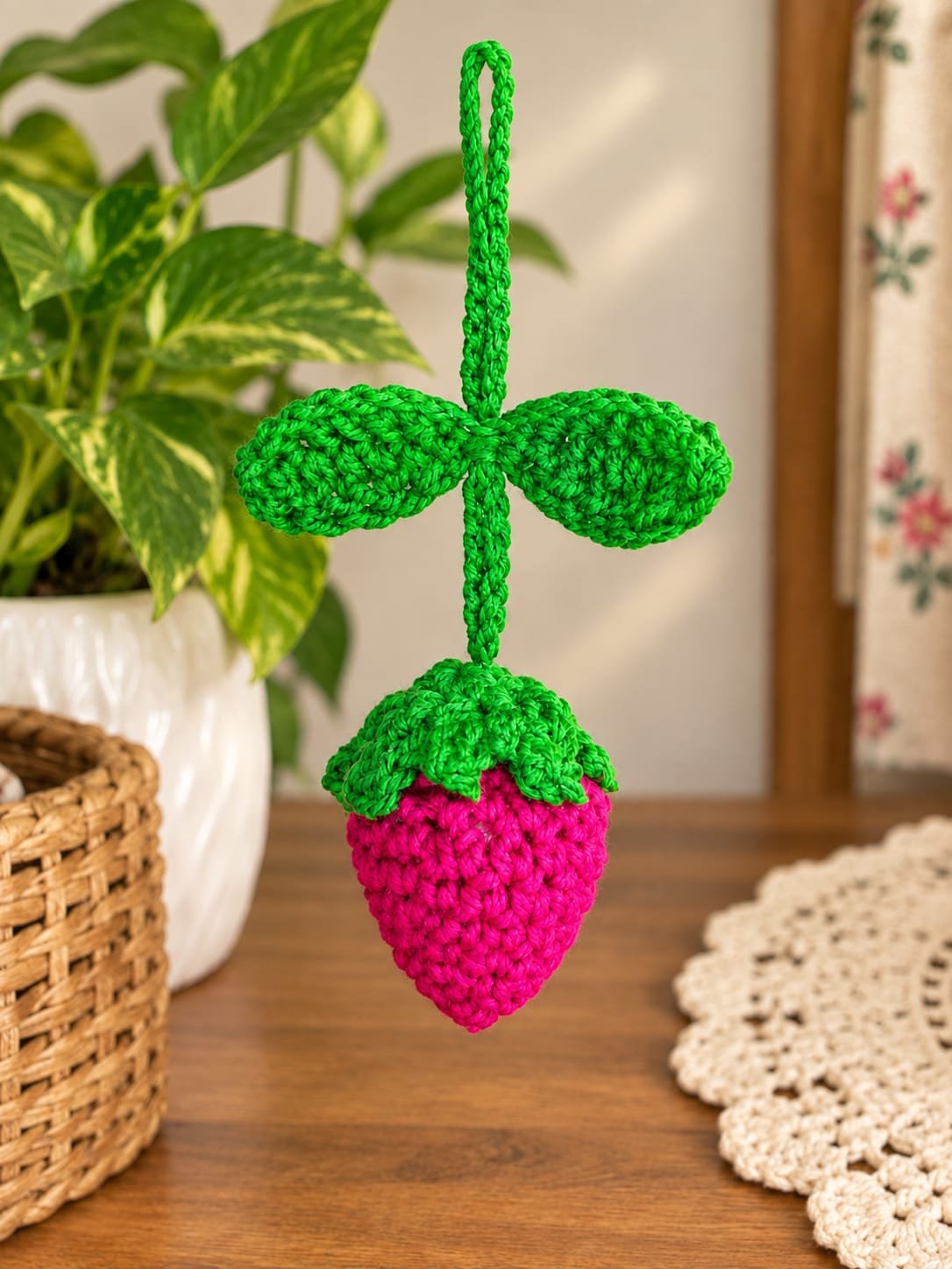 Handcrafted Crochet Strawberry Charm – Bag Charm & Car Rearview Mirror Hanging Accessory