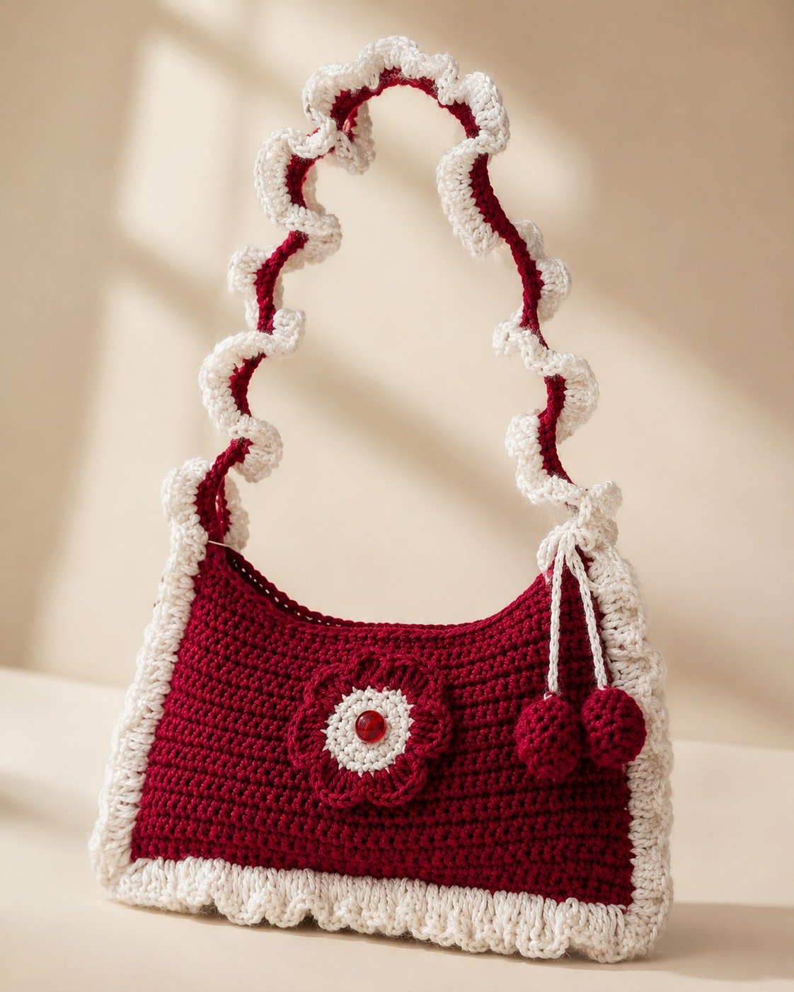Handmade Crochet Ruffle Shoulder Bag – Coquette Floral Knit Handbag with Cherry Pom-Poms
