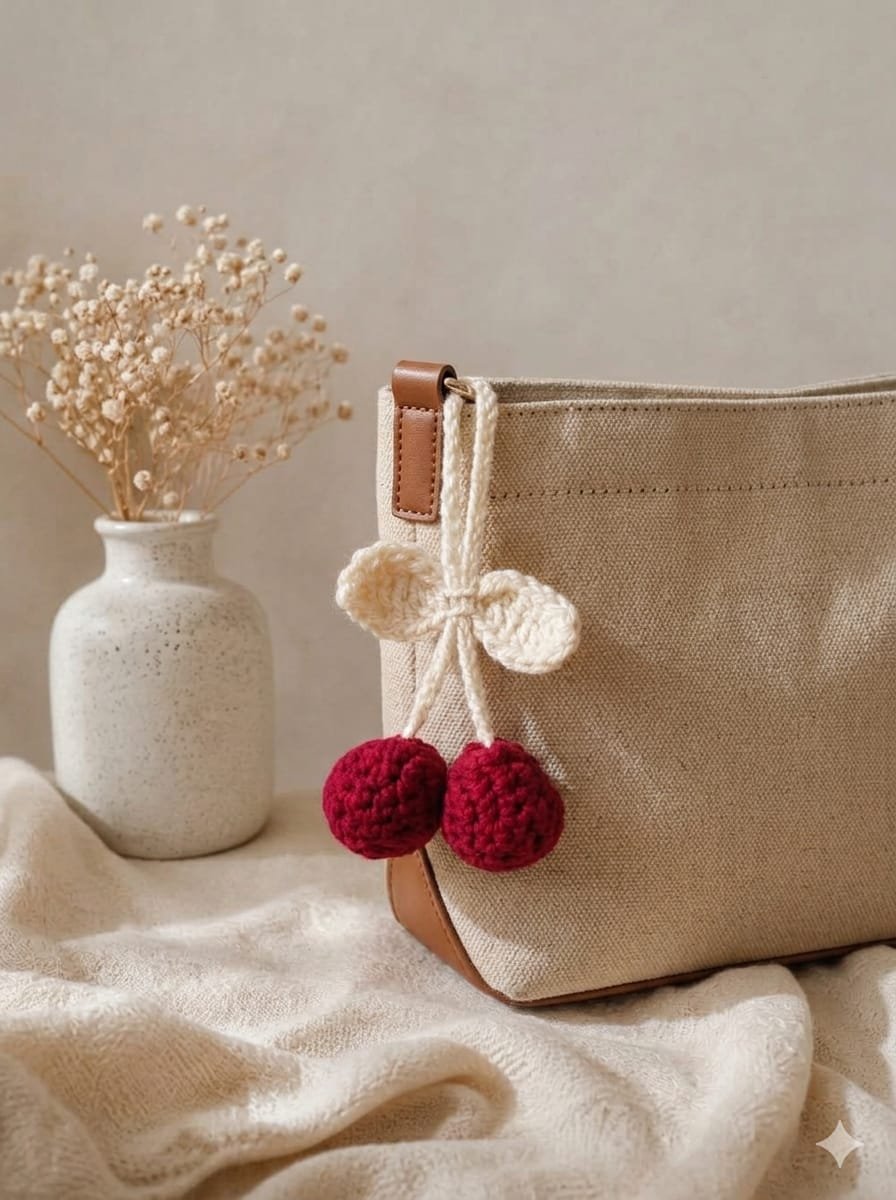 Handcrafted Crochet Cherry Bag Charm – Aesthetic Knitted Cherries Car Hanging & Purse Accessory